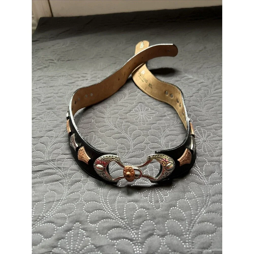 Streets Ahead VTG Silver & Rose Gold Medallion Black Leather Belt SZM/L RARE 42